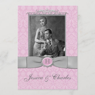 Invitación Boda fotográfico de pergamino rosa y gris Damasco
