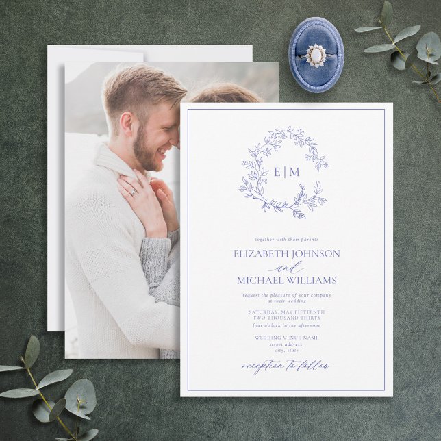 Invitación Boda fotográfico de Periwinkle Leafy Escudo Monogr (Subido por el creador)