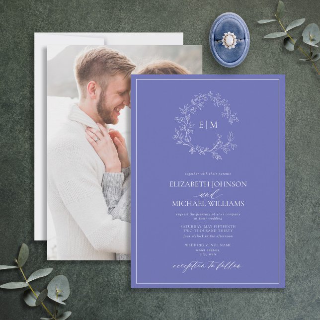 Invitación Boda fotográfico de Periwinkle Leafy Escudo Monogr (Subido por el creador)