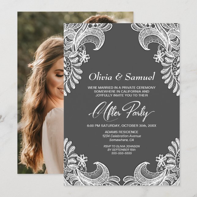 Invitación Boda fotográfico de Personalizado gris de encaje b (Anverso / Reverso)