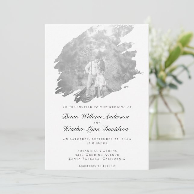 Invitación Boda fotográfico de pincel moderno | Blanca (Anverso de pie)