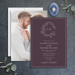 Invitación Boda fotográfico de Plum Purple Leafy Escudo Monog