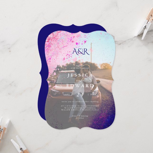 Invitación Boda fotográfico de Purpurina azul rosa caprichoso (Anverso/Reverso In Situ)