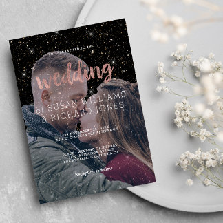 Invitación Boda fotográfico de purpurina negro y de oro rosa 