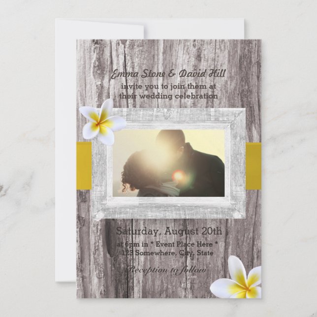 Invitación Boda fotográfico de Rustic Wood y Frangipani Perso (Anverso)