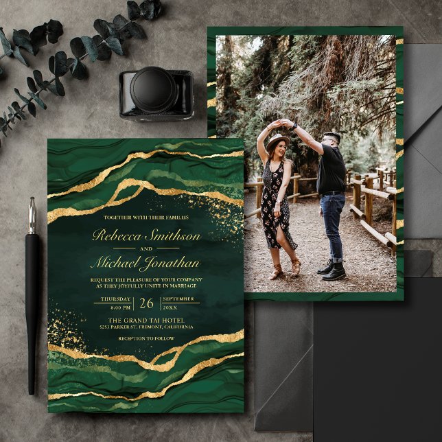 Invitación Boda fotográfico de tinta de líquido de oro verde  (Subido por el creador)