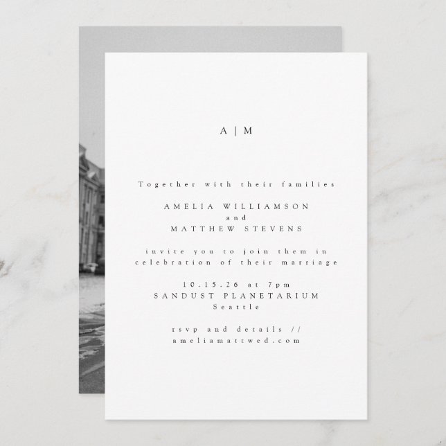 Invitación Boda fotográfico de tipo moderno monograma minimal (Anverso / Reverso)