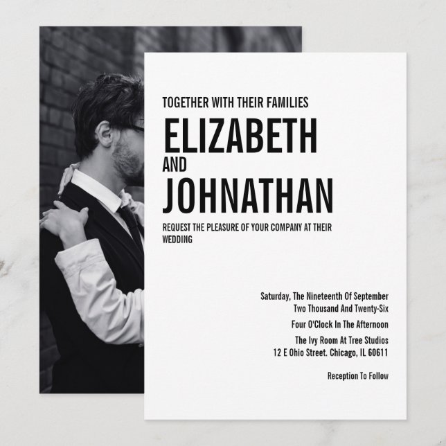 Invitación Boda fotográfico de tipografía simple y mínima (Anverso / Reverso)