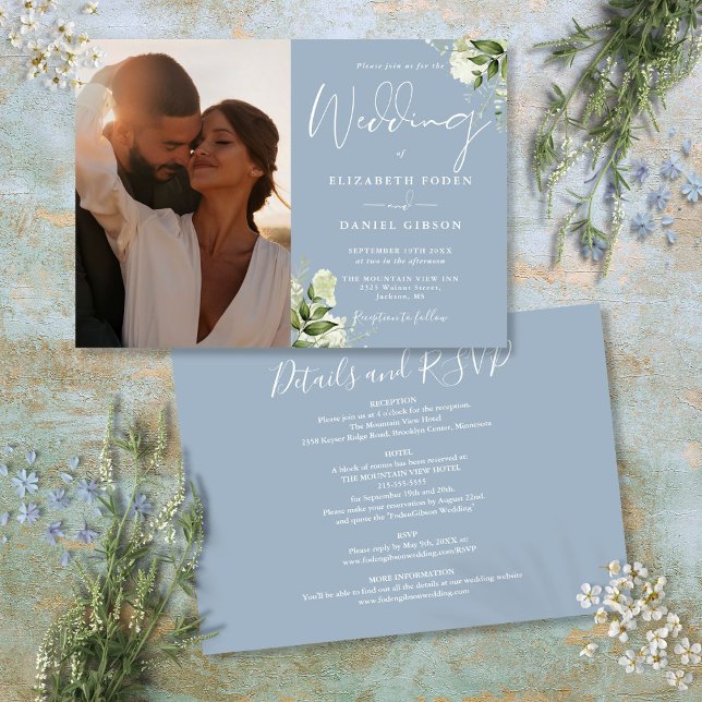 Invitación Boda fotográfico de verde azul turbulento (All In One Dusty Blue Greenery Photo Wedding Invitation)