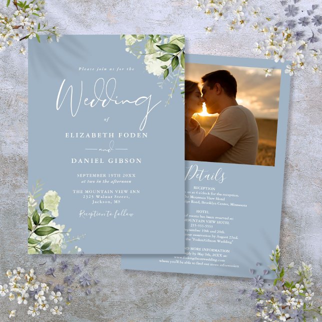 Invitación Boda fotográfico de verde azul turbulento (All In One Dusty Blue Greenery Photo Wedding Invitation)