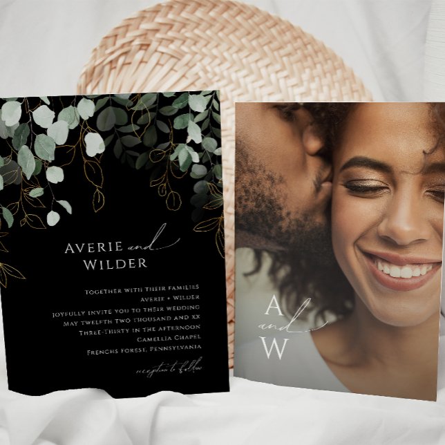 Invitación Boda fotográfico de verde negro y oro (Subido por el creador)