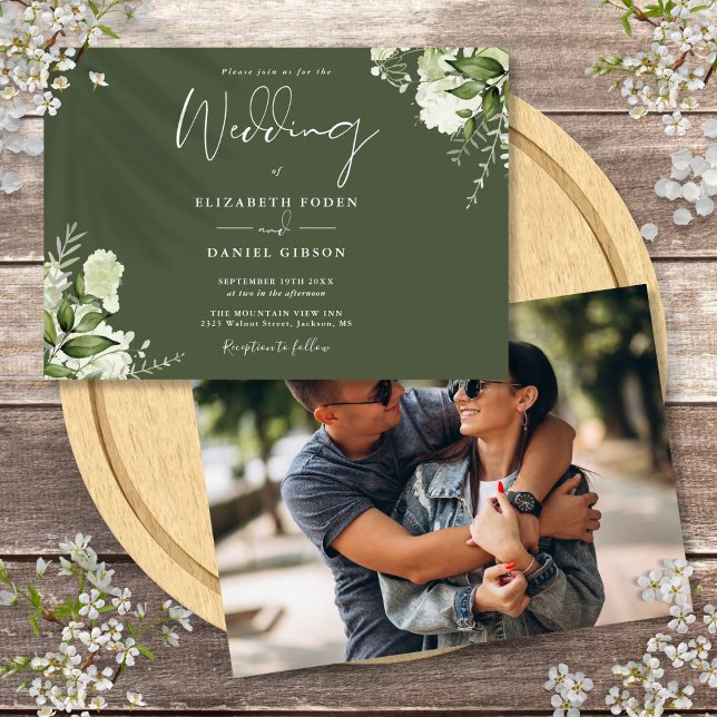 Invitación Boda fotográfico de verde oliva (Olive Green Botanical Greenery Photo Wedding Invitation)