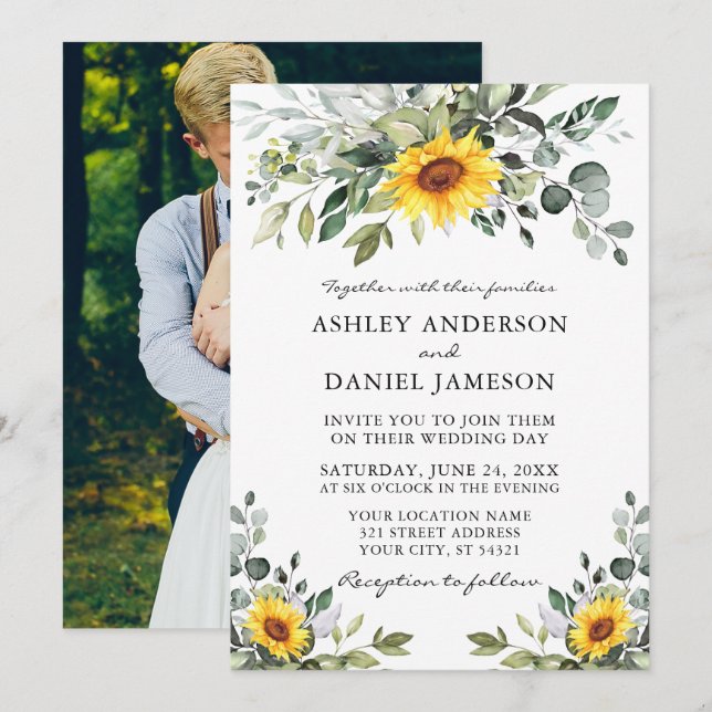 Invitación Boda fotográfico de Watercolor Greenery Sunflowers (Anverso / Reverso)