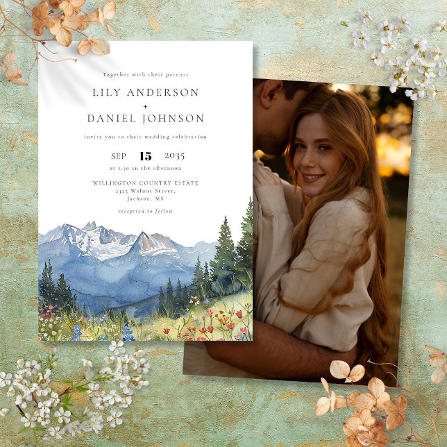 Invitación Boda fotográfico de Watercolor Mountain Wildflower (Watercolor Mountain Wildflower Photo Wedding Invitation)