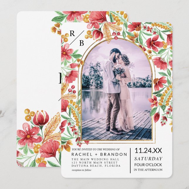 Invitación Boda fotográfico del arco floral amarillo rosa bri (Anverso / Reverso)