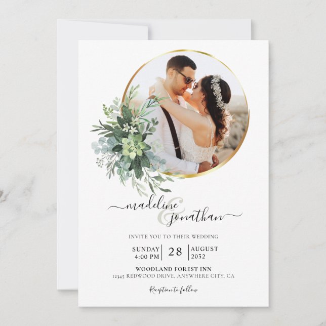 Invitación Boda fotográfico del borde del círculo de la veget (Anverso)