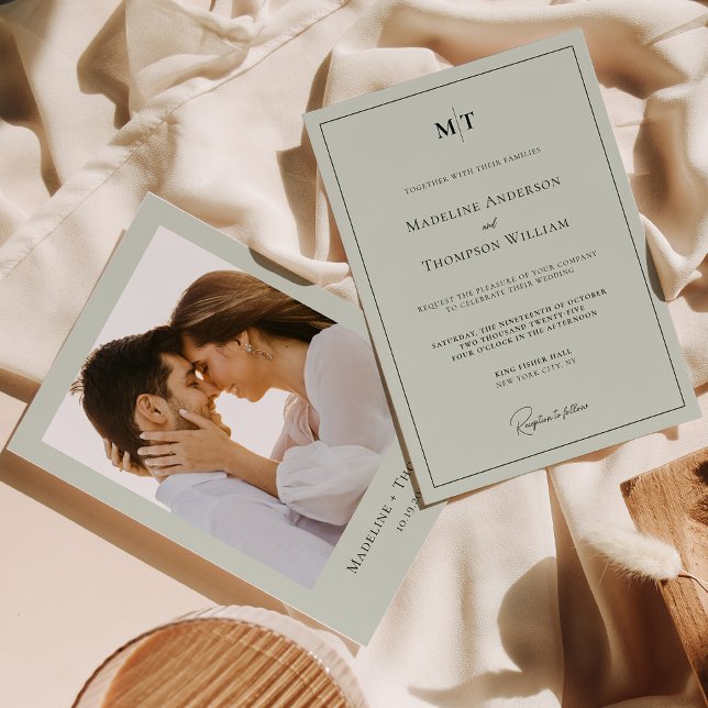 Invitación Boda fotográfico del borde del monograma verde sab (Subido por el creador)