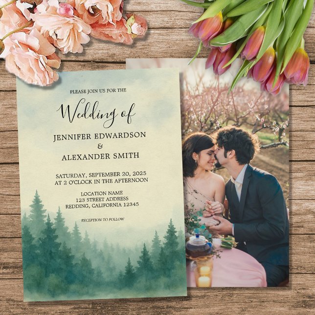 Invitación Boda fotográfico del bosque de pinos acuarelas (Watercolor pine tree forest photo wedding invitation. For your rustic wedding.)