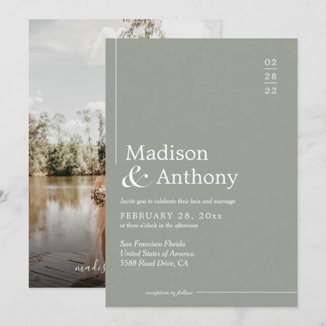 Invitación Boda fotográfico del guión del presupuesto verde d (Anverso / Reverso)