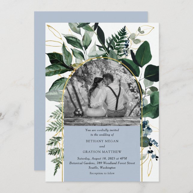Invitación Boda fotográfico del jardín moderno Dusty Blue (Anverso / Reverso)