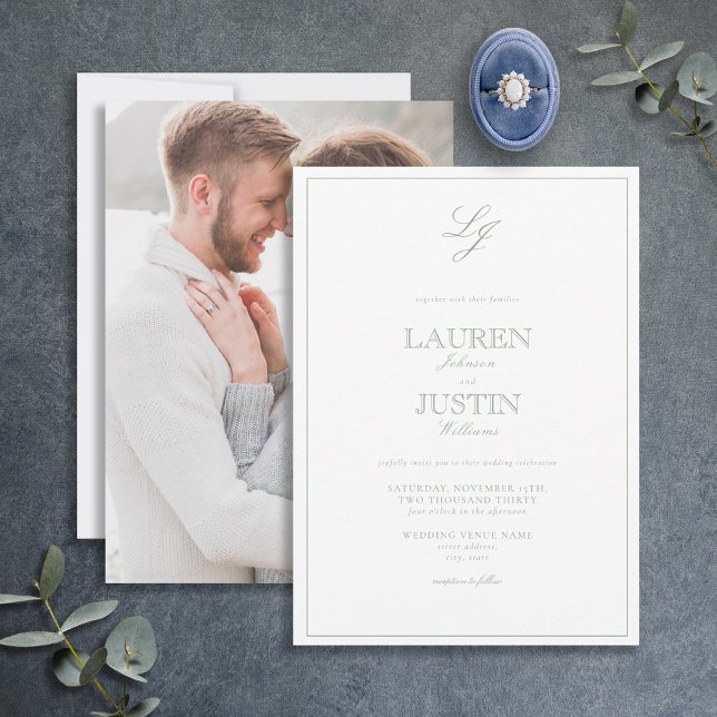Invitación Boda fotográfico del monograma del guión verde del (Subido por el creador)