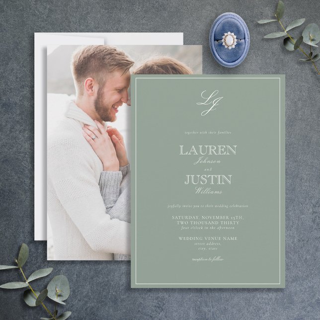 Invitación Boda fotográfico del monograma del guión verde del (Subido por el creador)
