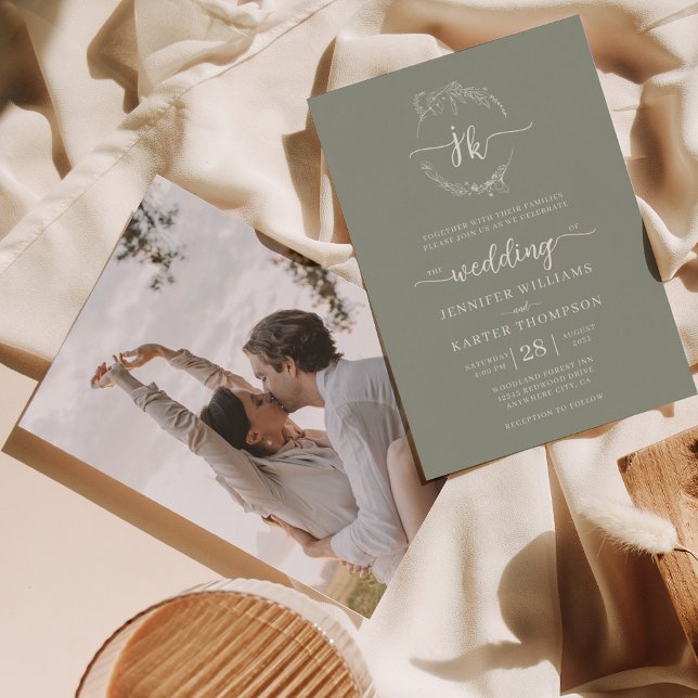 Invitación Boda fotográfico del Monograma Verde Floral Wreath (Subido por el creador)