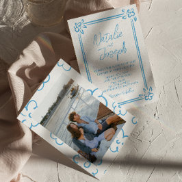 Invitación Boda fotográfico dibujado a mano azul mediterráneo