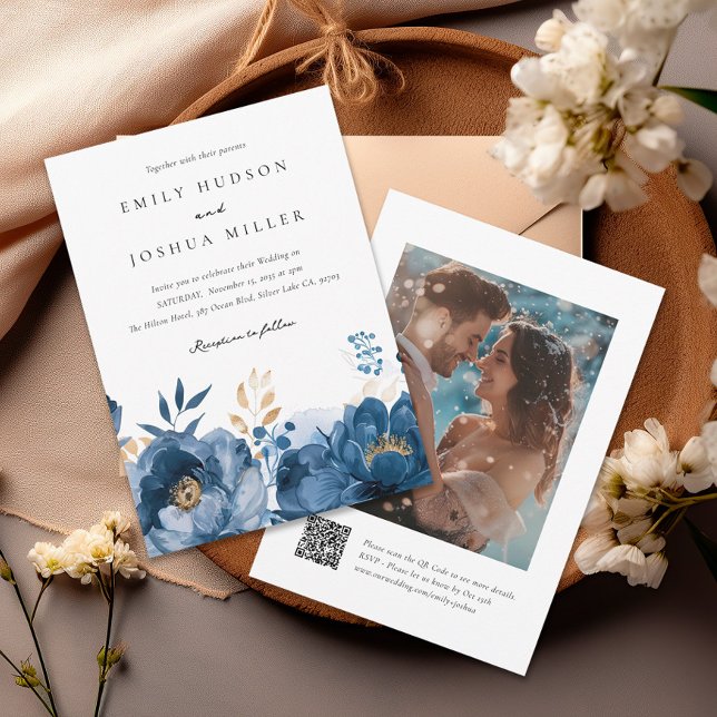 Invitación Boda fotográfico Dusky Blue Gold Floral QR (Subido por el creador)