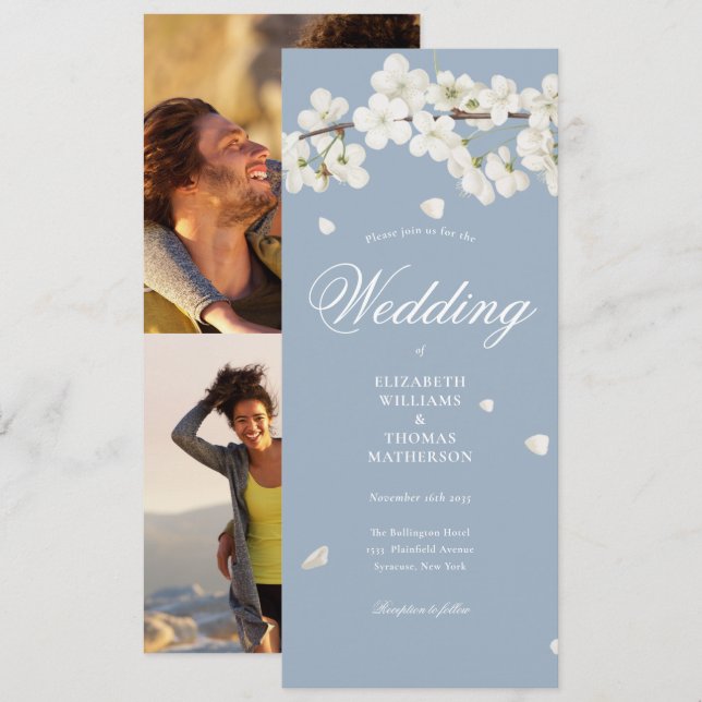 Invitación Boda fotográfico Dusty Blue 2 de la Blossom blanca (Anverso / Reverso)