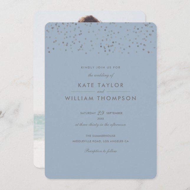 Invitación Boda fotográfico Dusty Blue Confetti (Anverso / Reverso)