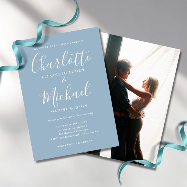 Invitación Boda fotográfico Dusty Blue Signature Script (Subido por el creador)