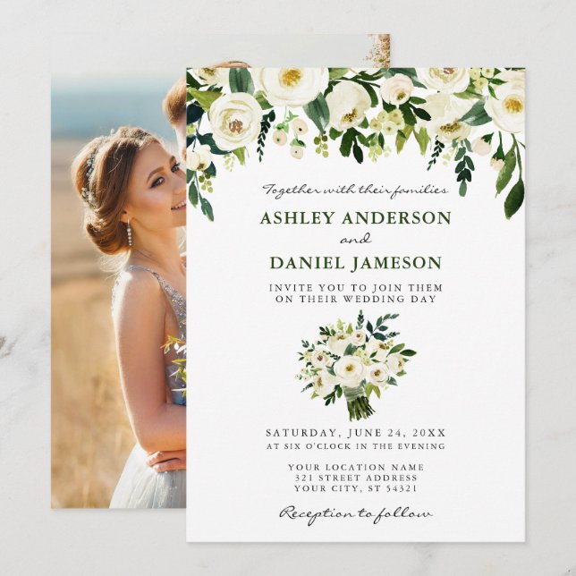 Invitación Boda fotográfico elegante con flores acuarelas (Anverso / Reverso)