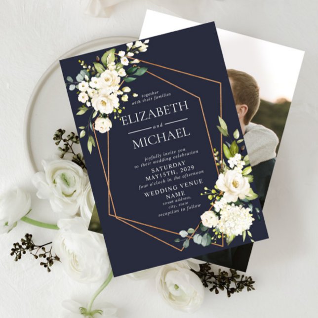 Invitación Boda fotográfico elegante geométrico de cobre azul (Subido por el creador)