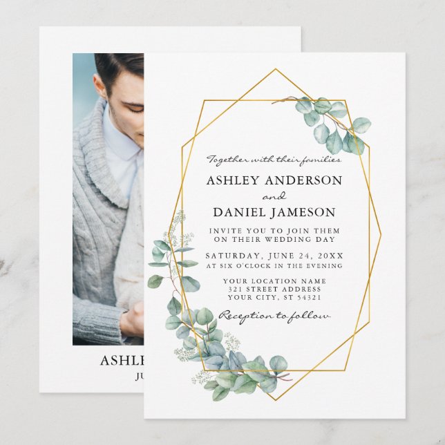 Invitación Boda fotográfico Eucalyptus Greenery Gold Frame (Anverso / Reverso)