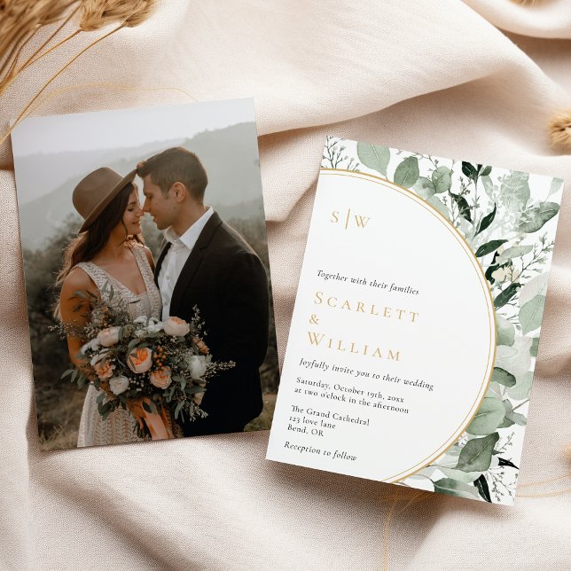 Invitación Boda fotográfico Eucalyptus Greenery Gold Monogram (Subido por el creador)