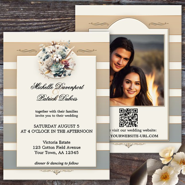 Invitación Boda fotográfico floral con rayas de tono de tierr (Modern photo wedding invitation featuring an elegant striped design in pastel earth tones + QR code)