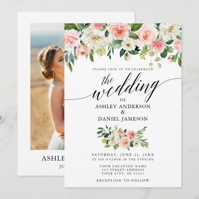 Invitación Boda fotográfico floral de Rubor rosa caligrafía (Anverso / Reverso)