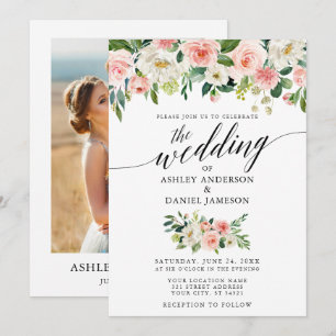 Invitación Boda fotográfico floral de Rubor rosa caligrafía