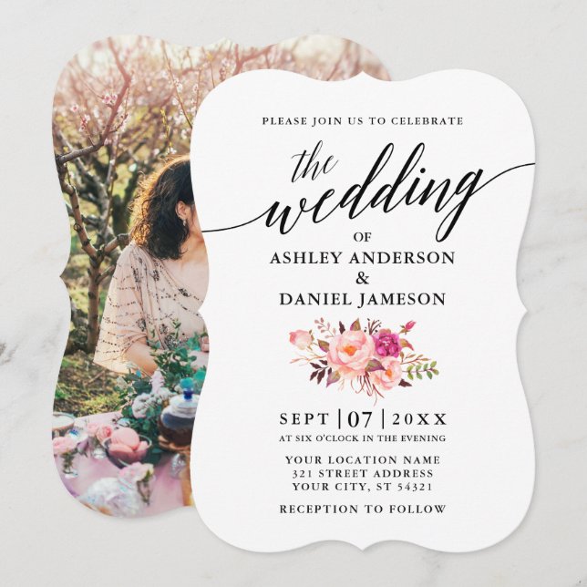 Invitación Boda fotográfico floral de Rubor rosa caligrafía (Anverso / Reverso)