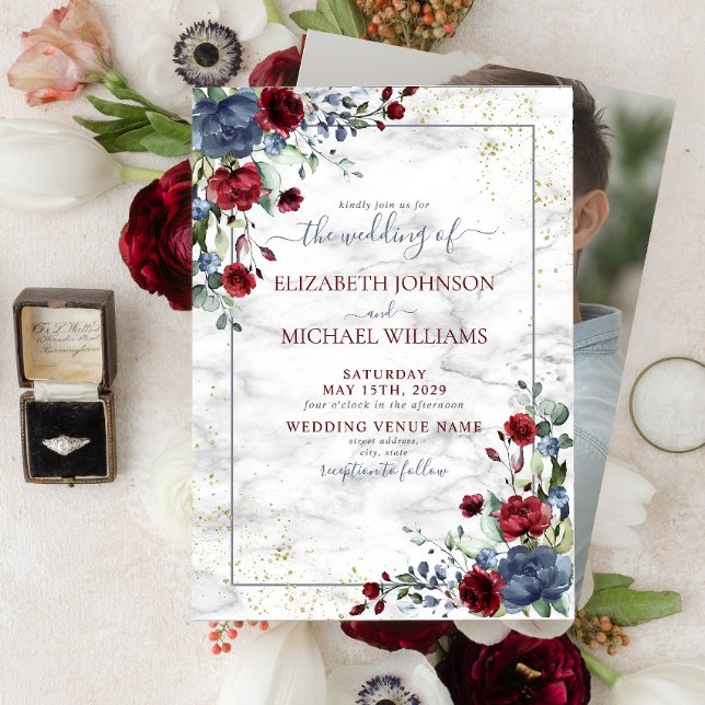 Invitación Boda fotográfico floral ligero y turbio de borgoña (Subido por el creador)