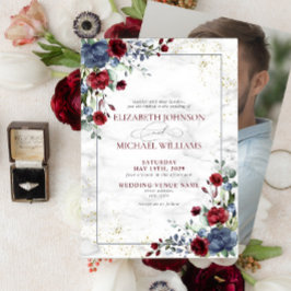 Invitación Boda fotográfico floral ligero y turbio de borgoña