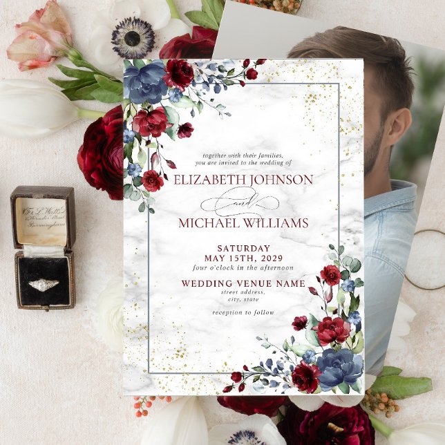 Invitación Boda fotográfico floral ligero y turbio de borgoña (Subido por el creador)