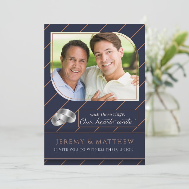 Invitación Boda fotográfico Gay and Lesbian Blue Pinstripe (Anverso de pie)