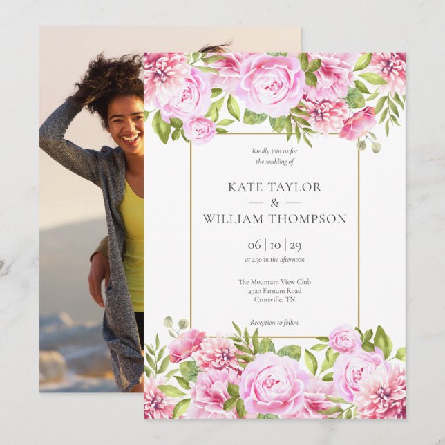 Invitación Boda fotográfico geométrico con oro floral rosado  (Anverso / Reverso)