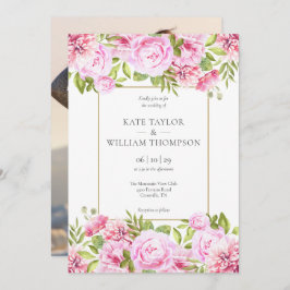 Invitación Boda fotográfico geométrico con oro floral rosado 