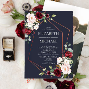 Invitación Boda fotográfico geométrico de cobre de borgoña az
