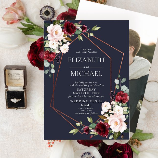 Invitación Boda fotográfico geométrico de cobre de borgoña az (Subido por el creador)