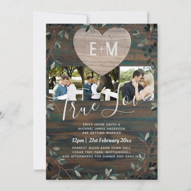 Invitación Boda fotográfico grabado de Heart Rustic Initials  (Anverso)