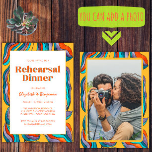 Invitación Boda fotográfico Groovy Retro amarillo ensayo cena